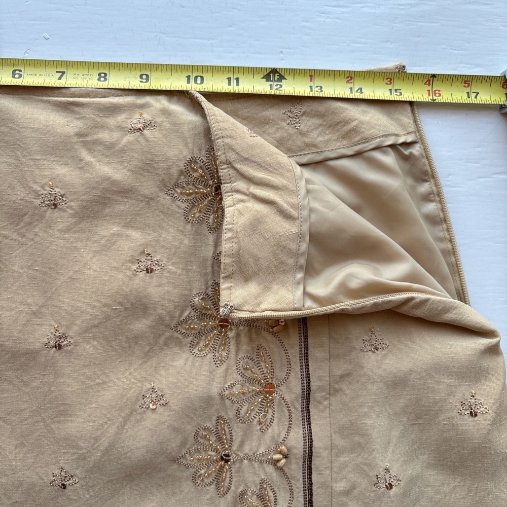 Vintage Womens 10 Silk Linen Midi Skirt Tan Embroidered Beaded Sequin A-Line - Picture 9 of 10